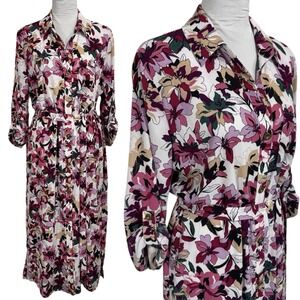Chaus Floral Midi Shirt Dress Size M Belted Button Down Colorful Bloomcore Retro